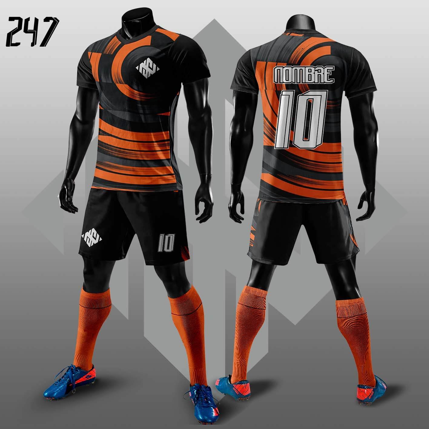 Camiseta de futbol negro con patron circular naranja y plomo
